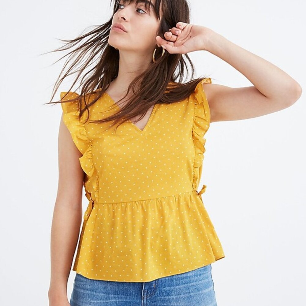 Madewell Side-Tie Ruffle Peplum Sleeveless Top Gold & Ivory Polka Dot Sz Small